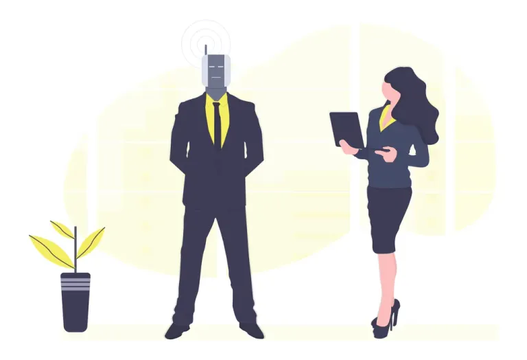 Illustration of a businesswoman holding a tablet and interacting with a humanoid robot in a suit, symbolizing collaboration between humans and AI in a professional setting. Used in the context of AI for Product Owners.