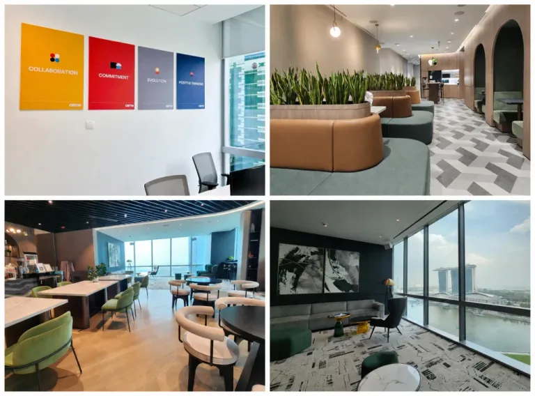 Modern office interiors and collaborative workspace design supporting fintech app development in Singapore innovation environment