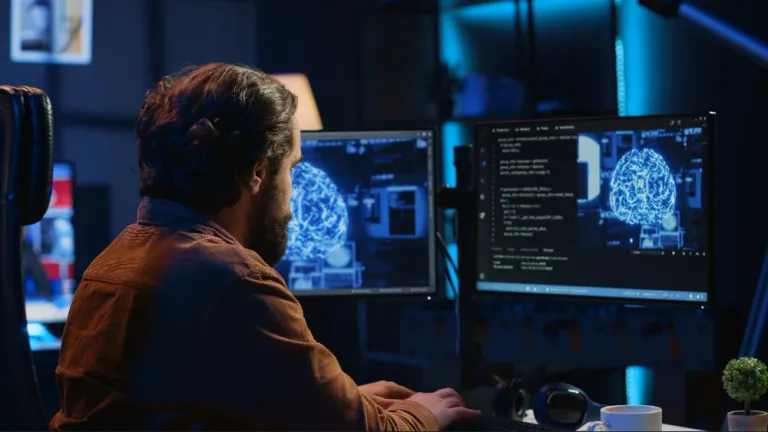 AI engineer working at a multi-monitor workstation displaying source code and artificial intelligence models, representing AI engineering services and enterprise AI development.