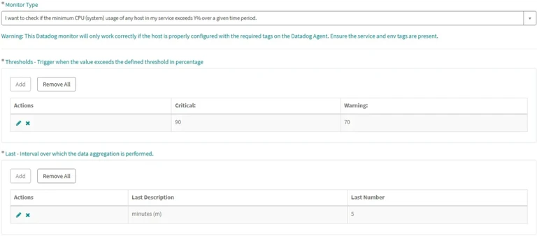 Example of Datadog monitor configuration with warning and critical thresholds and a five-minute interval
